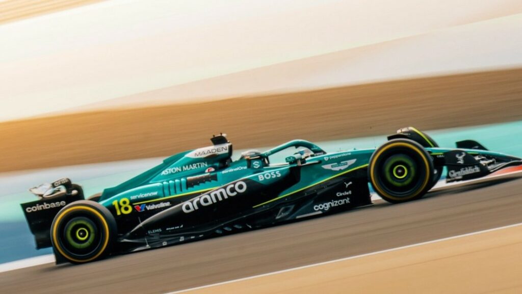 Orari test Bahrain F1 2025 Aston Martin AMR25 di Lance Stroll sul circuito del Sakhir durante un filming Day