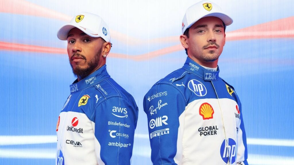 Le nuove tute di Lewis Hamilton e Charles Leclerc con la nuova livrea bianca-blu che debutta nel GP di Miami