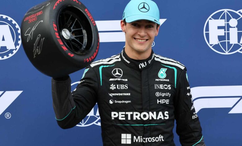 George Russell on the podium with Mercedes, winner at Melbourne in the opening race of the 2026 season.