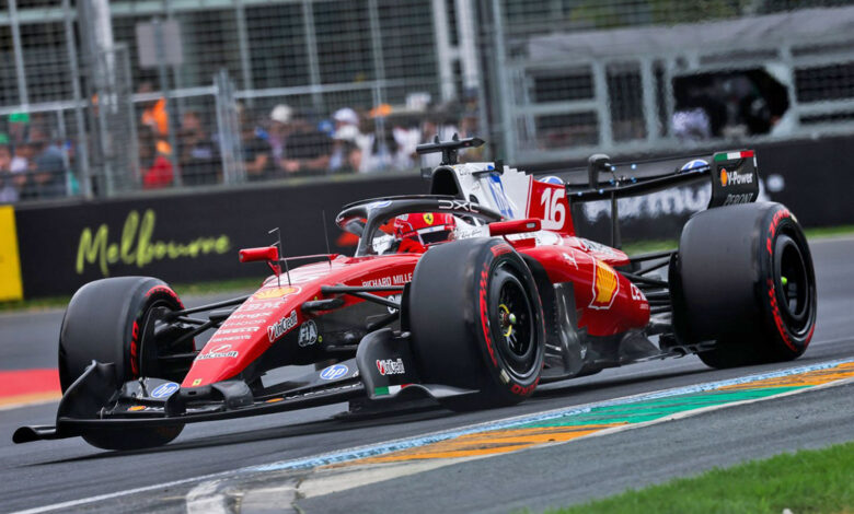 Leclerc on the podium with the No. 16 Ferrari at the 2026 Australian GP in Melbourne.